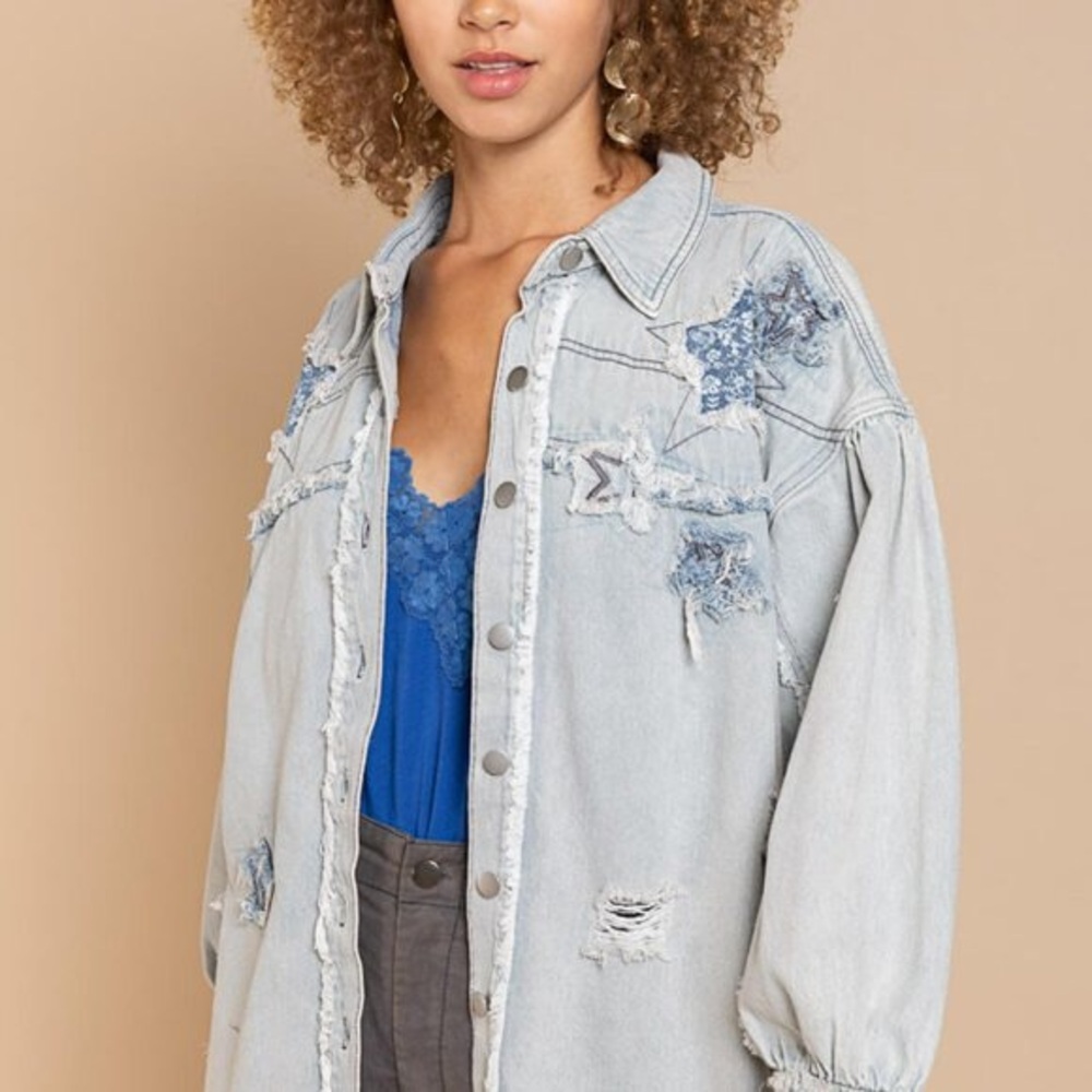 POL Star patchwork distressed Denim shacket with Star Patches blue button down - Picture 2 of 5